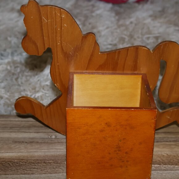 Vintage Rocking Horse Holiday Decor Square Box Christmas Planter Pens Utensils - Picture 4 of 12